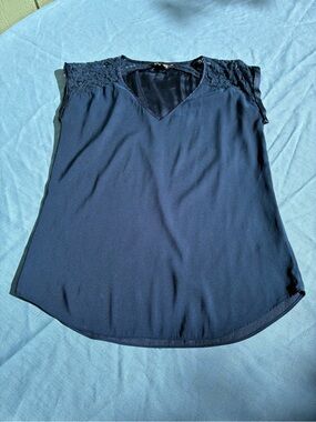 Express Navy Lace-Trim V-Neck Blouse